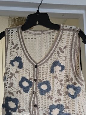 Cream Crochet Floral Button-Up Vest with Blue Flowers